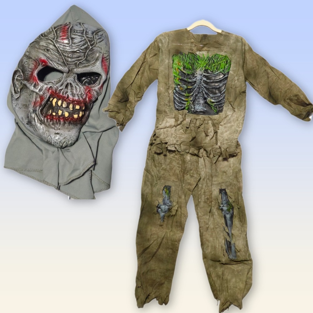 Fun World Swamp Zombie Costume Kids Medium 8-10 Green Brown Mask Skeleton Ribs